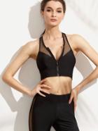 Shein Black Mesh Zipper Cut Away Back Crop Top