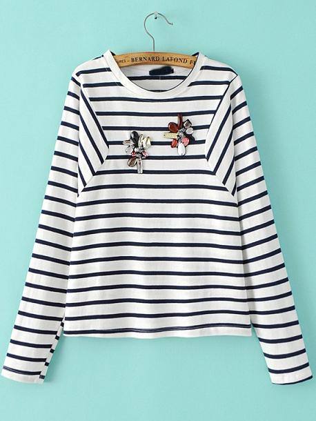 Shein Black White Round Neck Bead Striped Crop Blouse