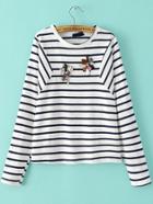 Shein Black White Round Neck Bead Striped Crop Blouse