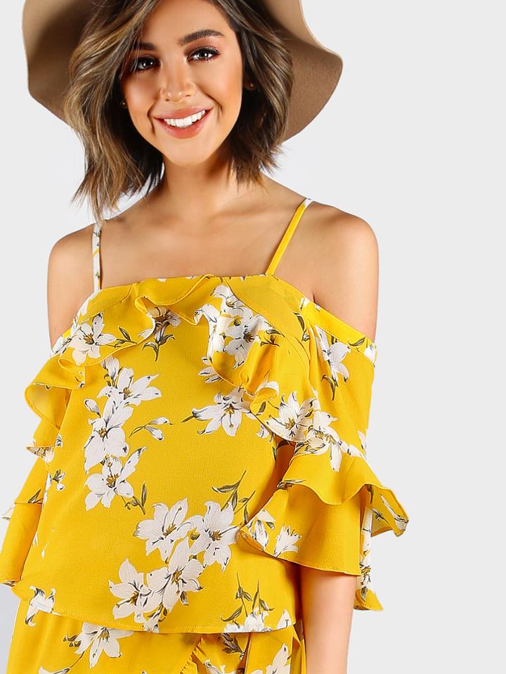 Shein Overlap Frill Cold Shoulder Trumpet Sleeve Top