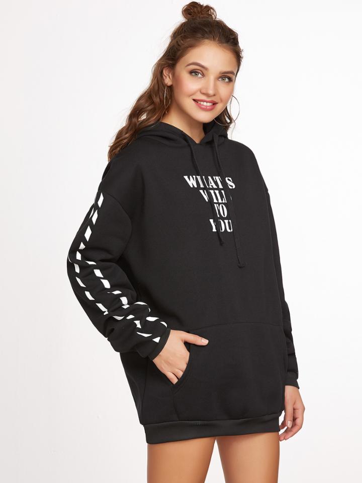 Shein Black Slogan Print Drop Shoulder Hooded Sweatshirt Dress