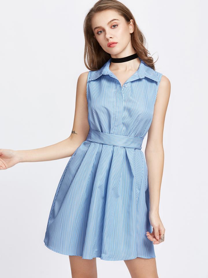 Shein Vertical Striped Bow Tie Back Shirt Dress