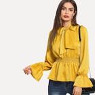 Shein Bow Tie Neck Shirred Panel Peplum Blouse