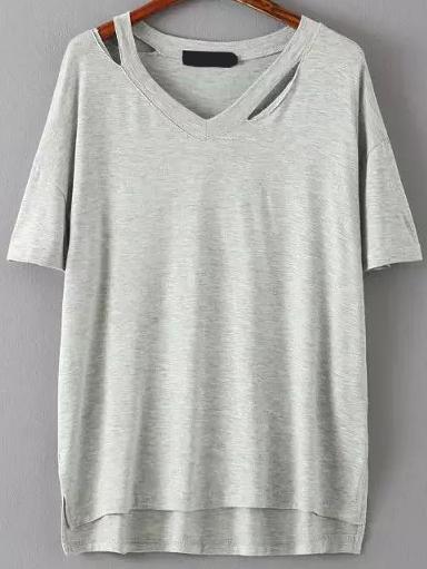 Shein V Neck Dip Hem Hollow Pale Grey T-shirt