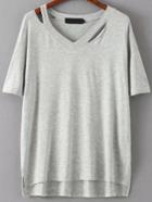 Shein V Neck Dip Hem Hollow Pale Grey T-shirt