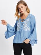 Shein Tie Front Trumpet Sleeve Embroidered Top