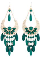 Shein Green Gemstone Tassel Gold Hollow Dangle Earrings