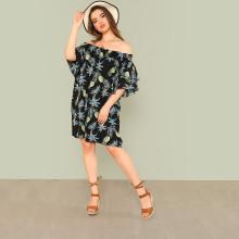 Shein Plus Pineapple Print Ruffle Trim Bardot Dress