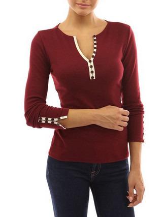 Shein Burgundy Long Sleeve Buttons Slim T-shirt