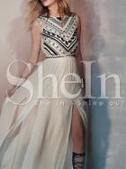 Shein Apricot Sleeveless Split Embroidered Maxi Dress