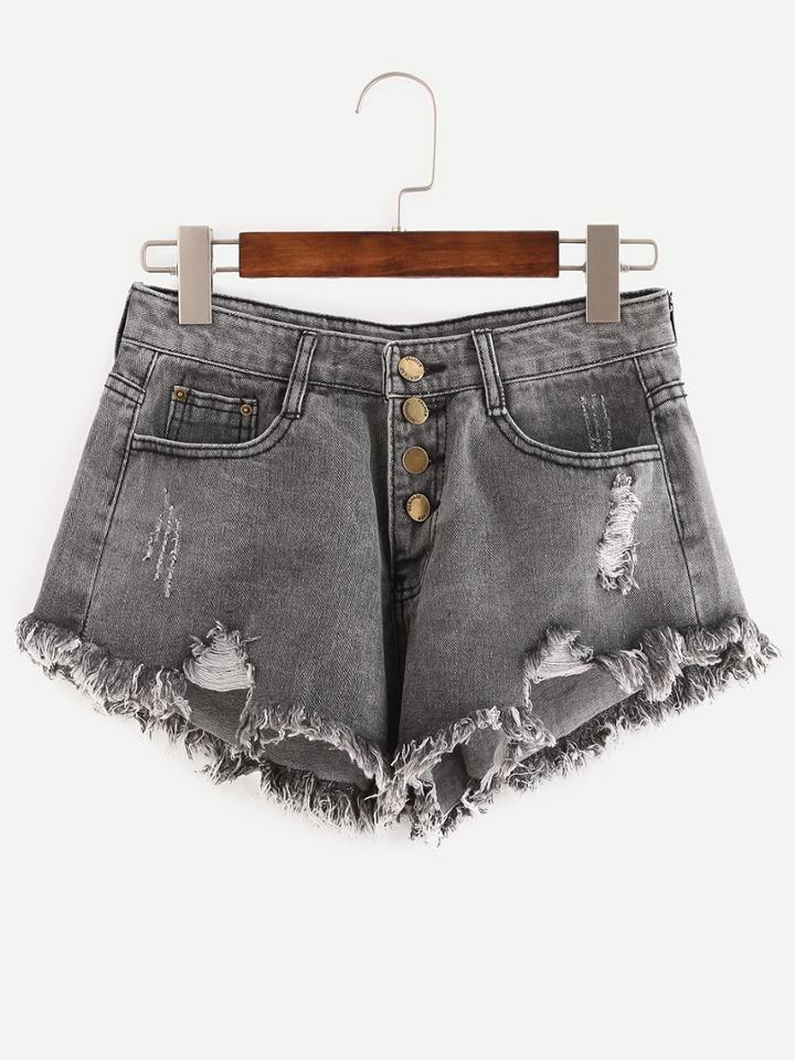 Shein Grey Ripped Fringe Denim Shorts With Single Breasted