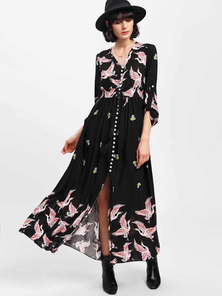 Shein Button Up Front Tassel Drawstring Dress