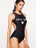 Shein Black Letter Print Open Back One-piece Swimwear