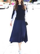 Shein Navy Knit Contrast Striped Top With Pleated Skirt