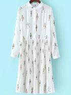 Shein White Stand Collar Dancer Print Pleated Dress