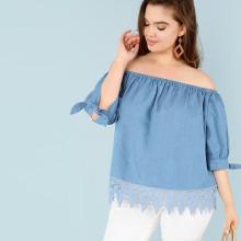 Shein Plus Knot Cuff Lace Hem Bardot Blouse