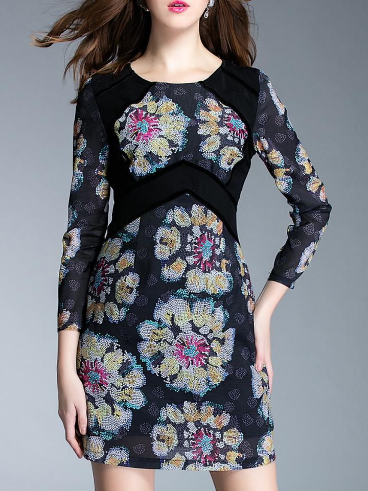 Shein Black Contrast Velvet Print Dress
