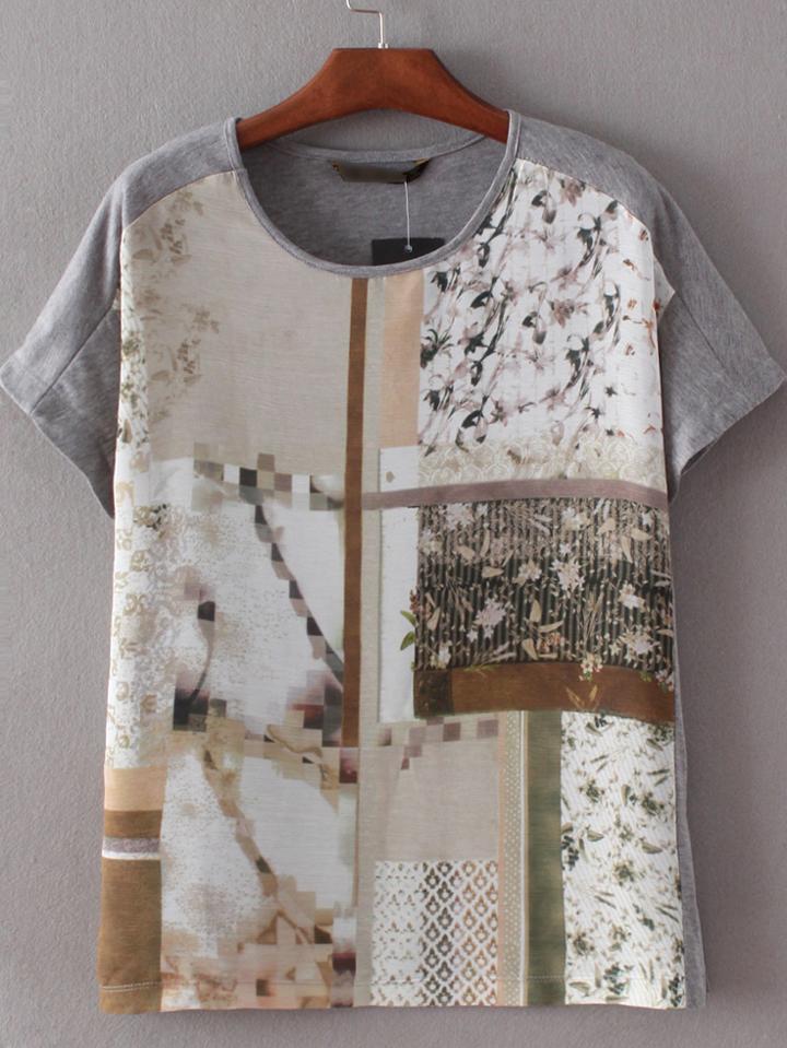 Shein Grey Round Neck Printed Slim T-shirt