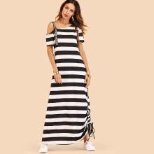 Shein Letter Print Shoulder Strap Striped Drawstring Dress