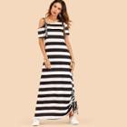 Shein Letter Print Shoulder Strap Striped Drawstring Dress