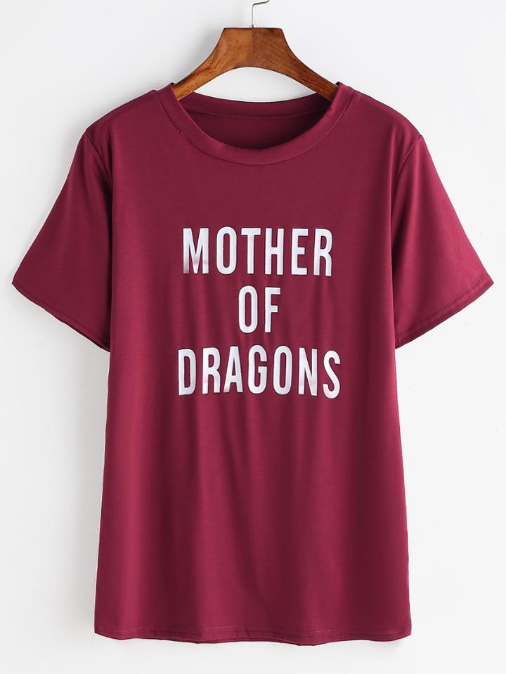 Shein Burgundy Letters Print T-shirt