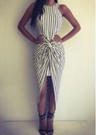 Rosewe Vertical Stripe Print Ruched Front Maxi Dress