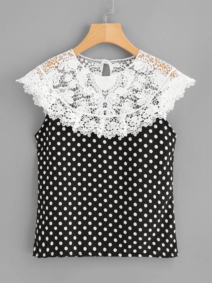 Shein Contrast Guipure Lace Spot Blouse