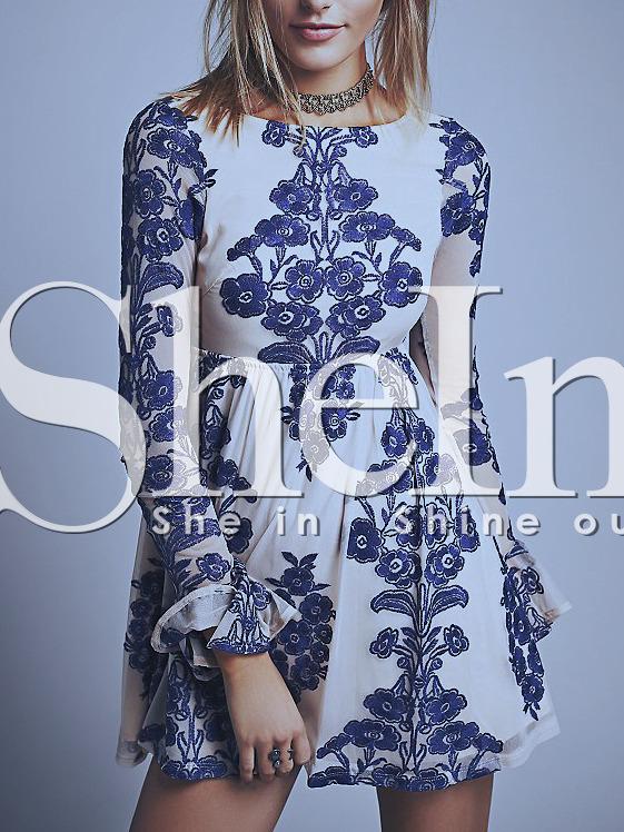 Shein Multicolor Round Neck Tribal Embroidered Dress