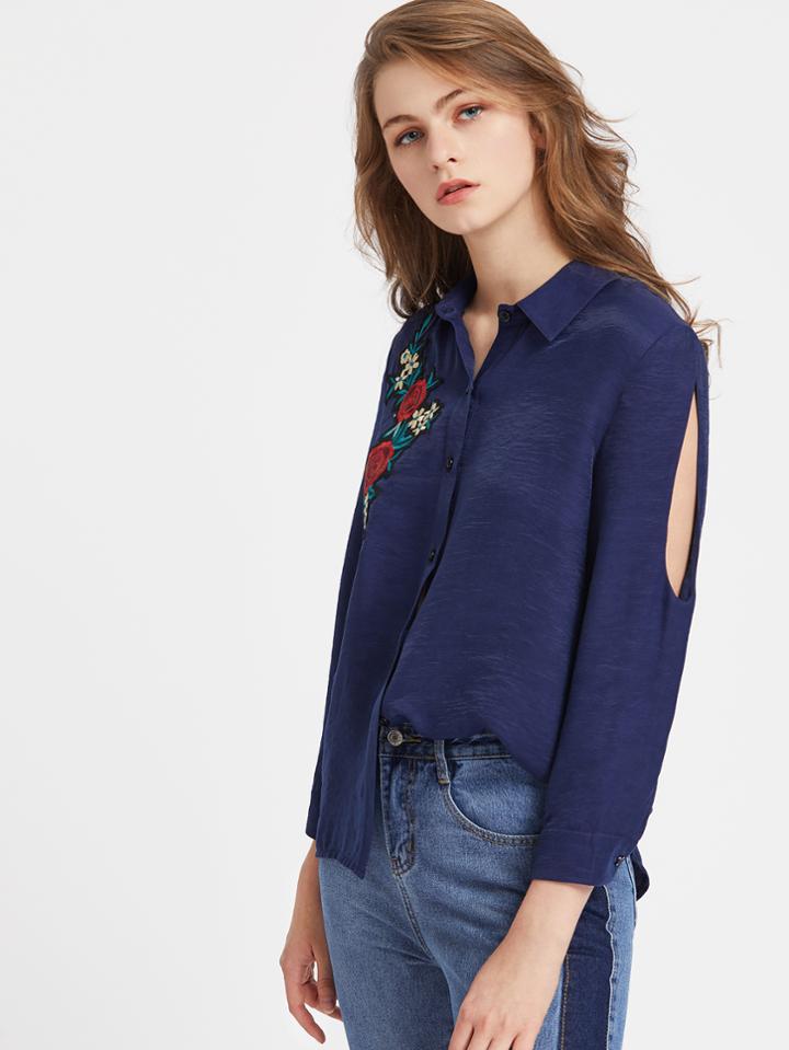 Shein Embroidered Rose Applique Cutout Sleeve Curved Back Blouse