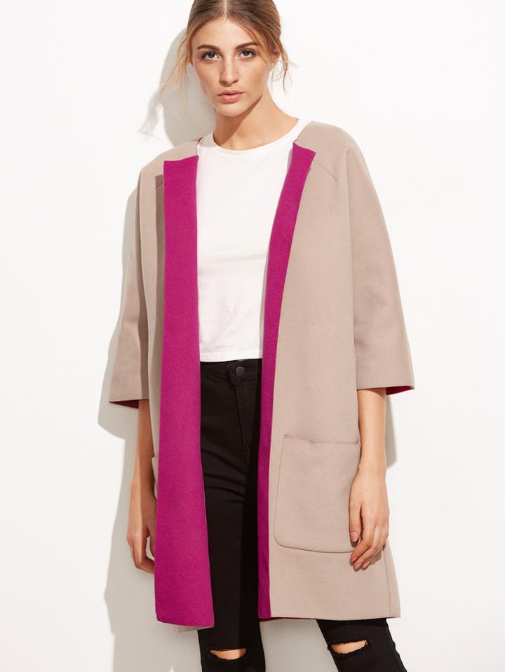 Shein Pink Two Tone Three Quarter Sleeve Pocket Collarless Coat