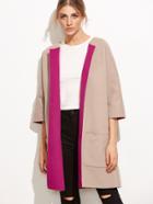 Shein Pink Two Tone Three Quarter Sleeve Pocket Collarless Coat
