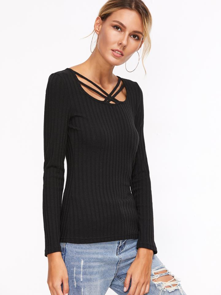 Shein Black Crisscross Scoop Neck Ribbed T-shirt