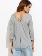 Shein Heather Grey Crisscross Slit Back Drop Shoulder T-shirt