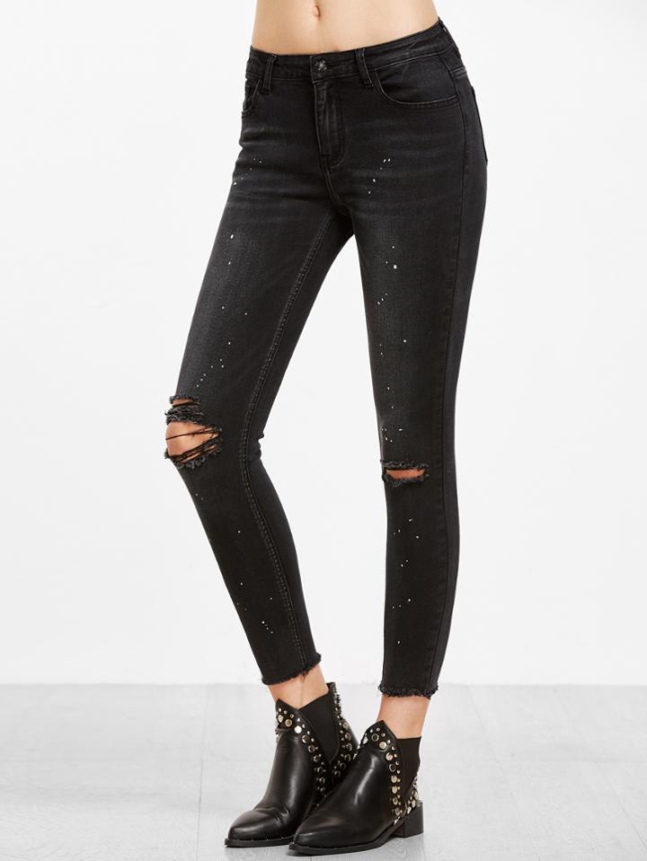 Shein Black Paint Splatter Print Knee Ripped Ankle Jeans