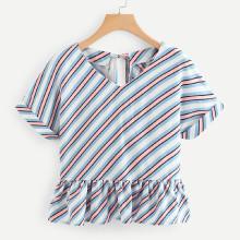 Shein Block-stripe Ruffle Hem Tie Back Blouse