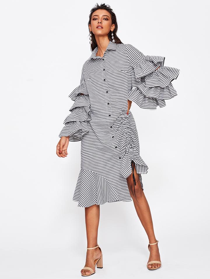 Shein Detachable Layered Sleeve Shirred Asymmetrical Hem Shirt Dress