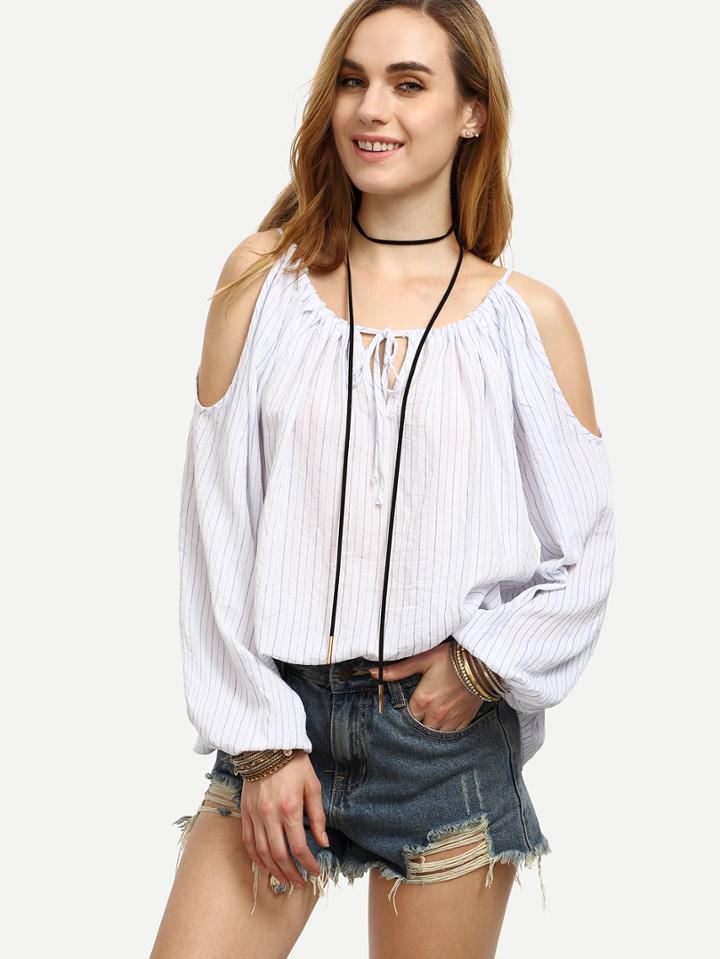 Shein White Striped Tie Cold Shoulder Long Sleeve Blouse