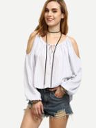 Shein White Striped Tie Cold Shoulder Long Sleeve Blouse