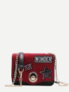 Shein Red Badge Patch Furry Pu Crossbody Chain Bag