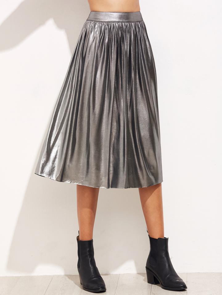 Shein Metallic Silver Tea Length Accordion Skirt