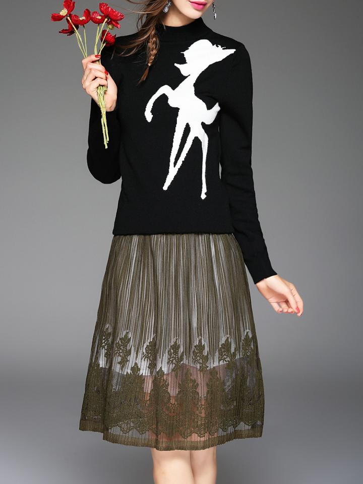 Shein Black Deer Top With Pleated Embroidered Skirt