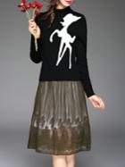 Shein Black Deer Top With Pleated Embroidered Skirt