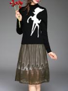 Shein Black Deer Top With Pleated Embroidered Skirt
