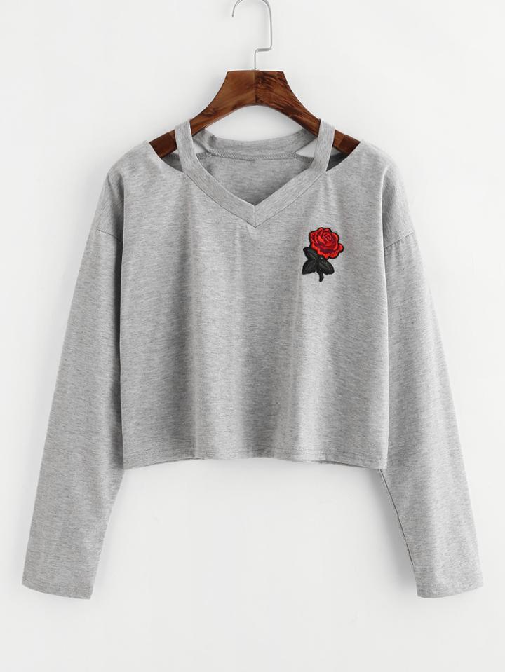 Shein Cut Out Neck Rose Patch Marled Tee