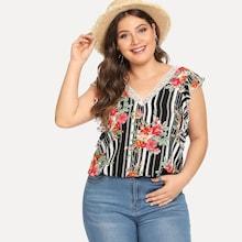 Shein Plus Ruffle Armhole Floral And Striped Top