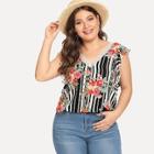 Shein Plus Ruffle Armhole Floral And Striped Top