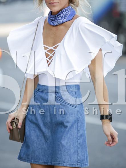 Shein White Criss Cross Front Circular Cap Sleeve Blouse