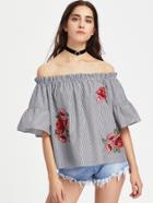 Shein Embroidered Rose Applique Trumpet Sleeve Striped Bardot Top