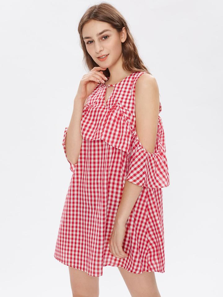 Shein Open Shoulder Ruffle Trim Gingham Dress
