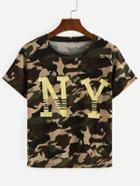 Shein Letter Print Camo T-shirt - Olive Green